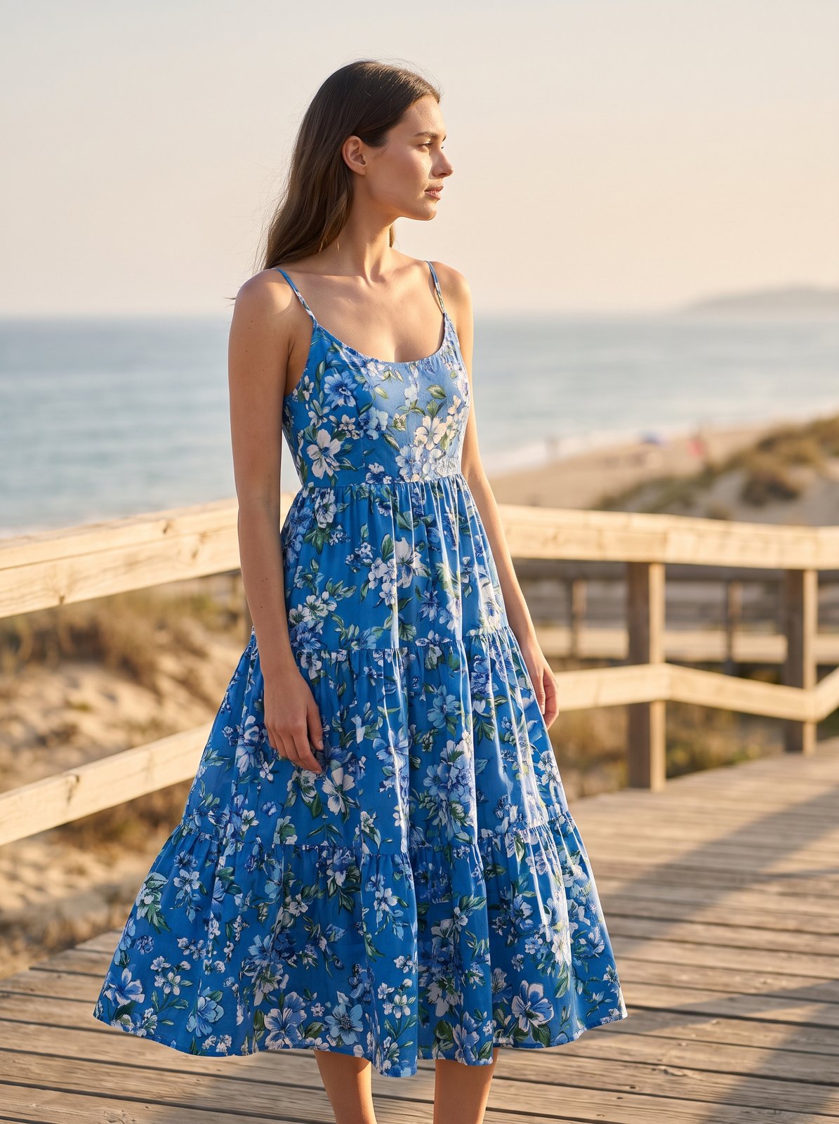 Blue floral tiered summer midi dress by Riley Belle