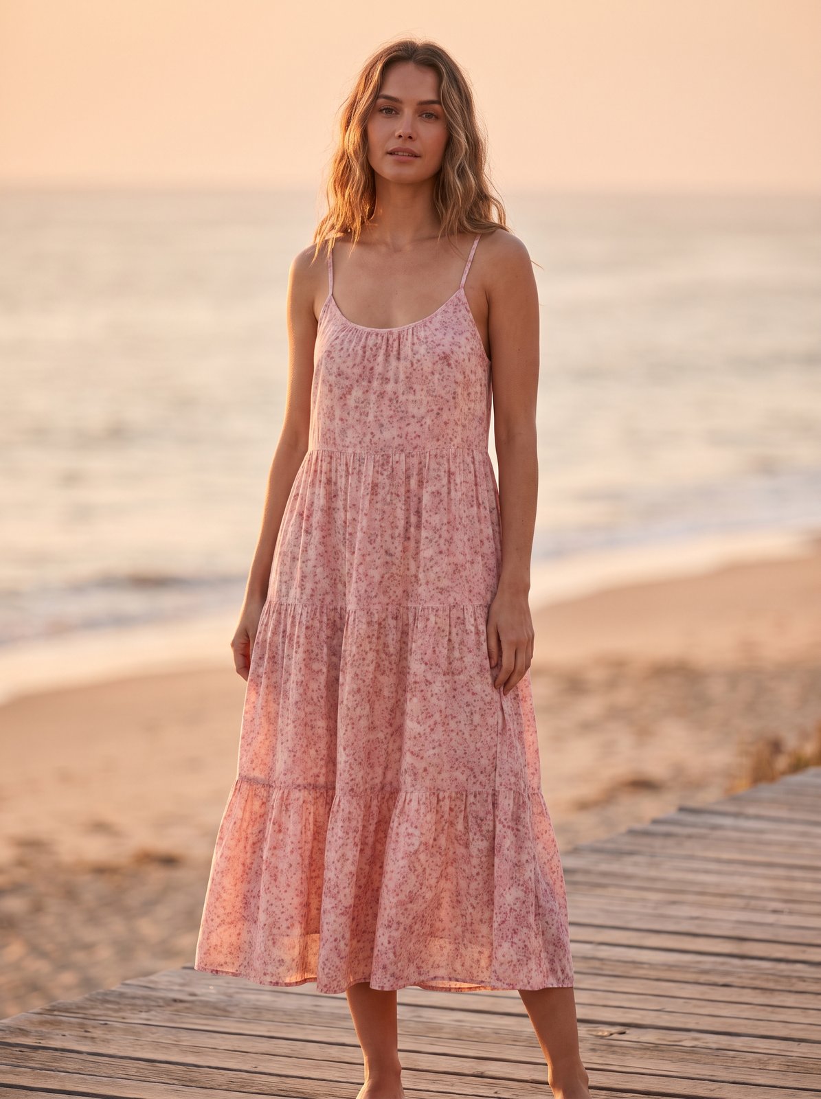 Pink floral tiered summer midi dress by Riley Belle