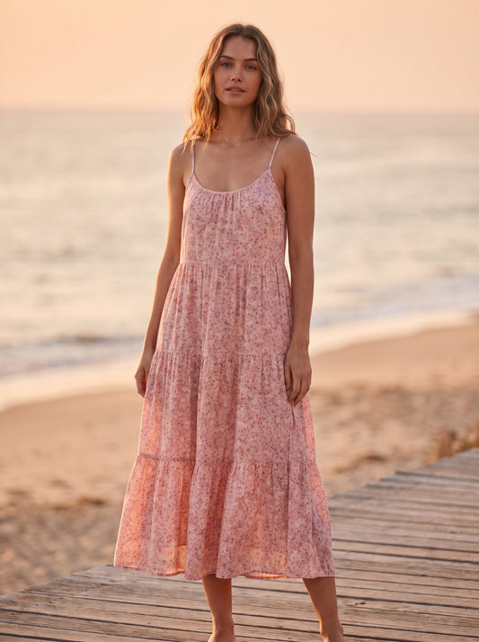 Pink floral tiered summer midi dress by Riley Belle