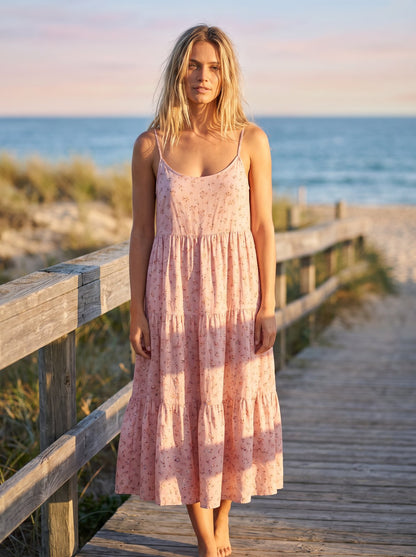 Pink floral tiered summer midi dress by Riley Belle