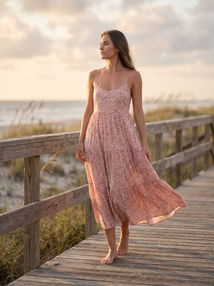 Pink floral tiered summer midi dress by Riley Belle