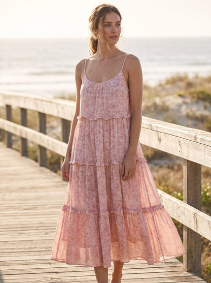 Pink floral tiered summer midi dress by Riley Belle