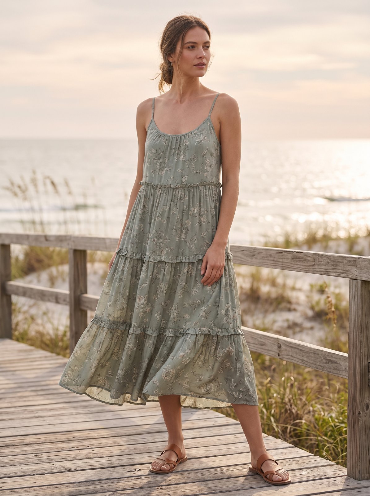 Sage green floral tiered summer midi dress by Riley Belle
