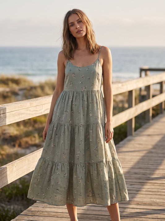 Sage green floral tiered summer midi dress by Riley Belle