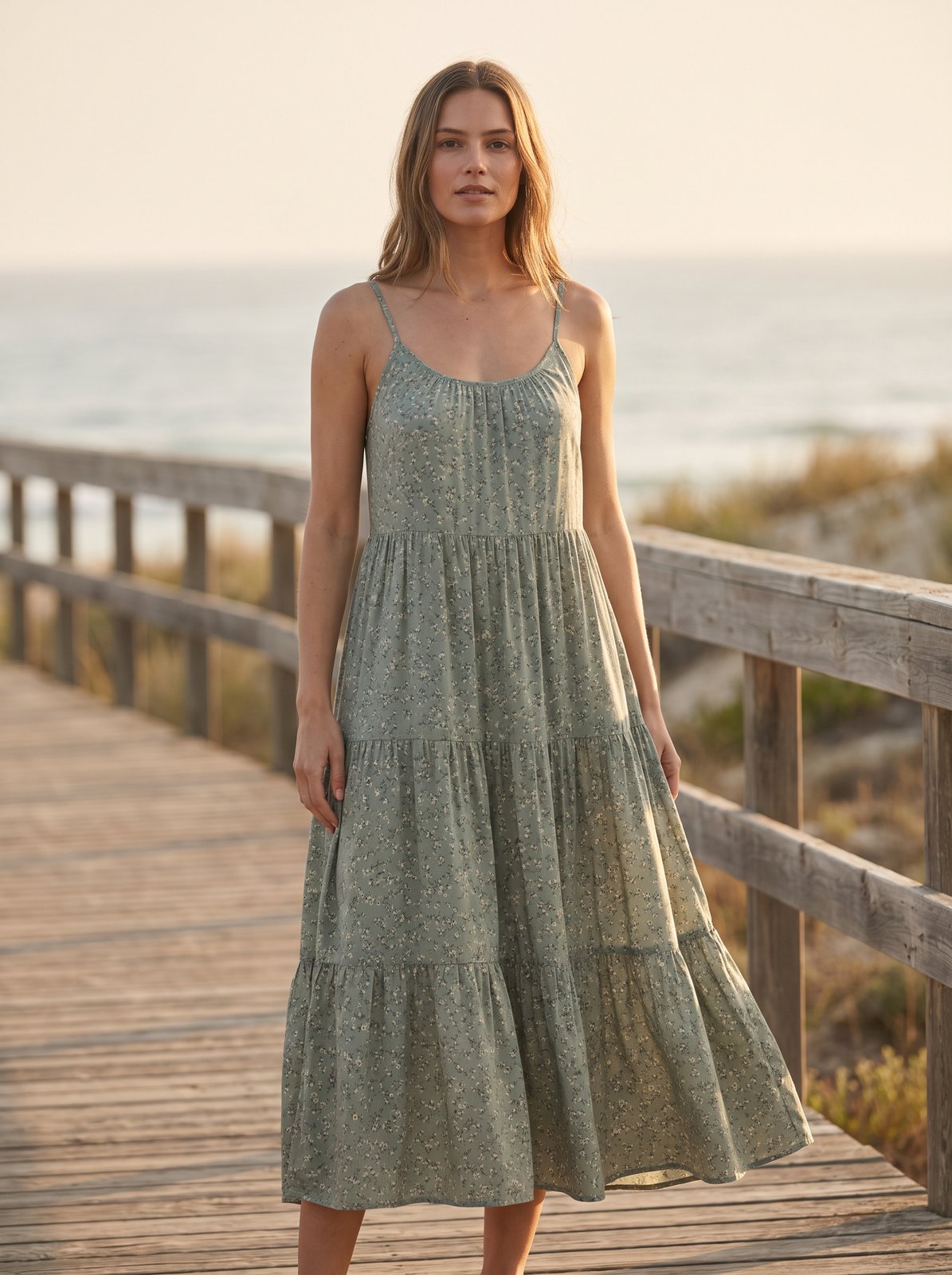 Sage green floral tiered summer midi dress by Riley Belle