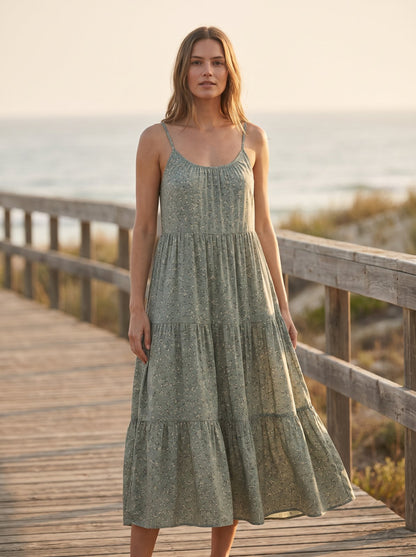 Sage green floral tiered summer midi dress by Riley Belle
