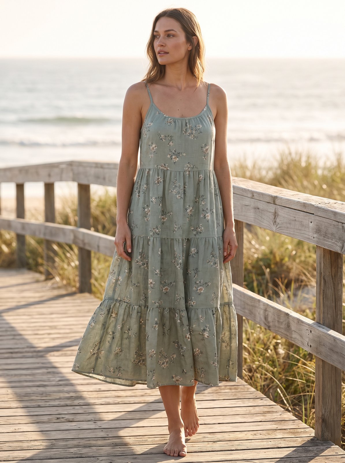 Sage green floral tiered summer midi dress by Riley Belle