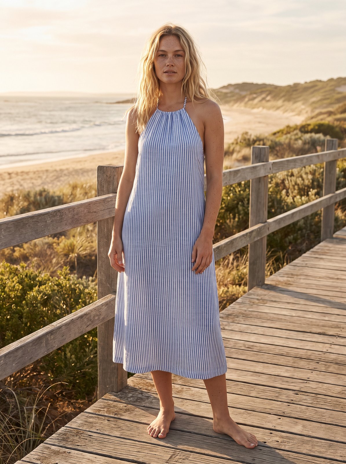 Mila Chic Blue Stripe Halter Midi Dress by Riley Belle