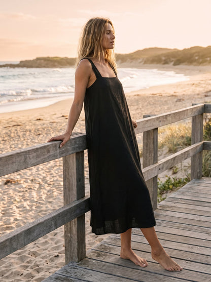 Nina Classic Black Square Neck Midi Dress by Riley Belle