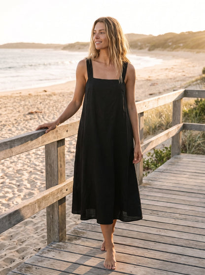 Nina Classic Black Square Neck Midi Dress by Riley Belle