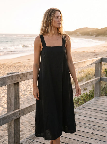 Nina Classic Black Square Neck Midi Dress by Riley Belle