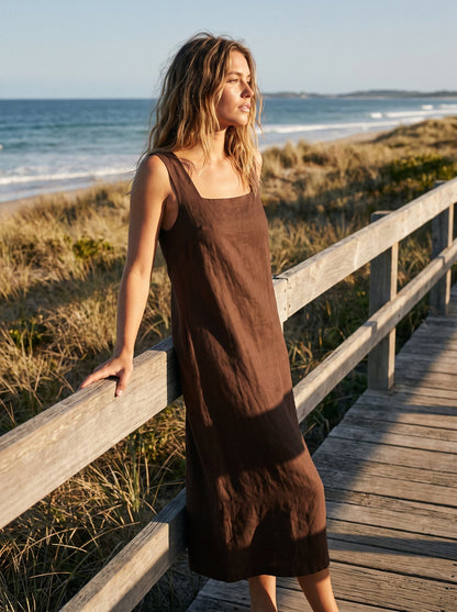 Nina Classic Chocolate Brown Square Neck Midi Dress by Riley Belle