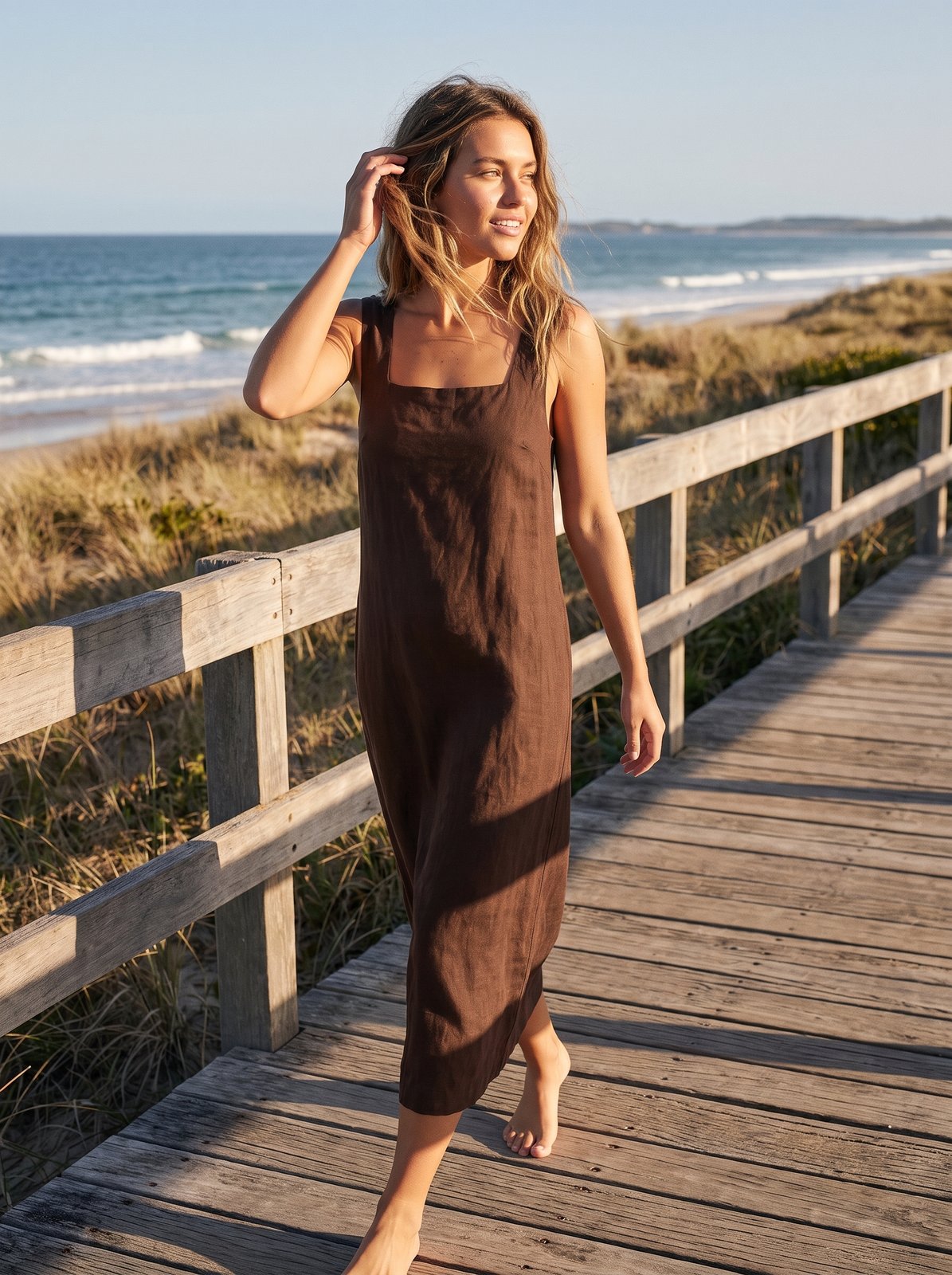 Nina Classic Chocolate Brown Square Neck Midi Dress by Riley Belle