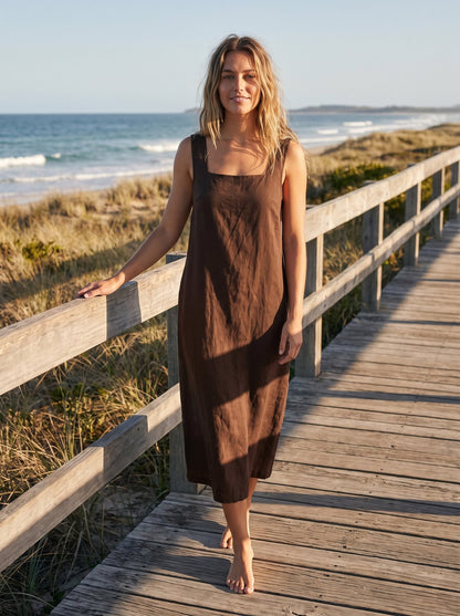 Nina Classic Chocolate Brown Square Neck Midi Dress by Riley Belle