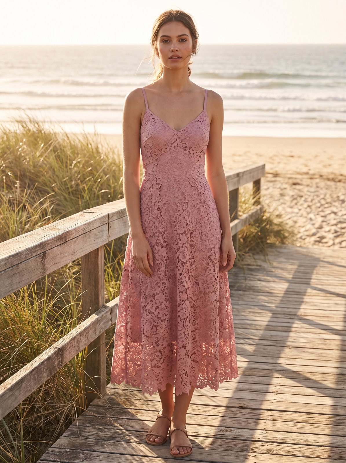 Dusty pink lace wedding guest midi dress by Riley Belle