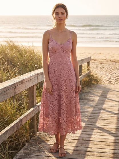 Dusty pink lace wedding guest midi dress by Riley Belle