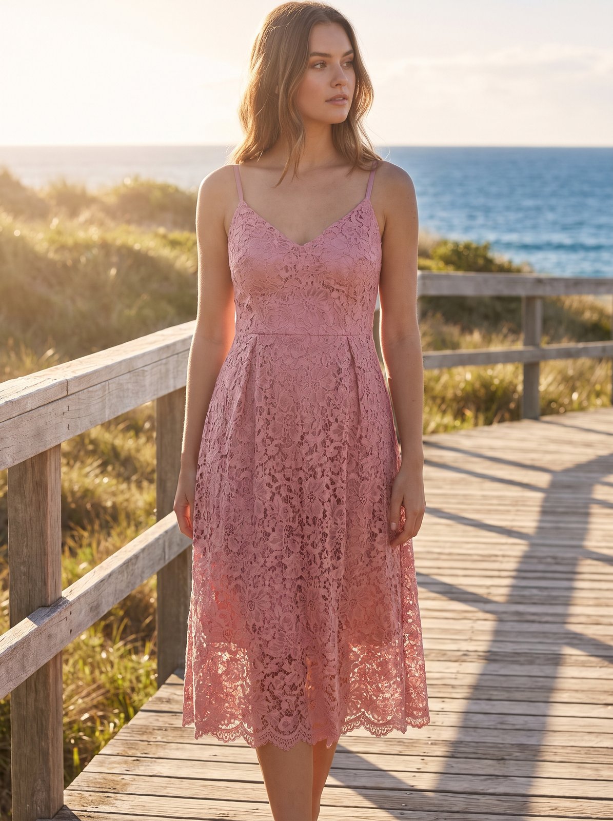 Dusty pink lace wedding guest midi dress by Riley Belle