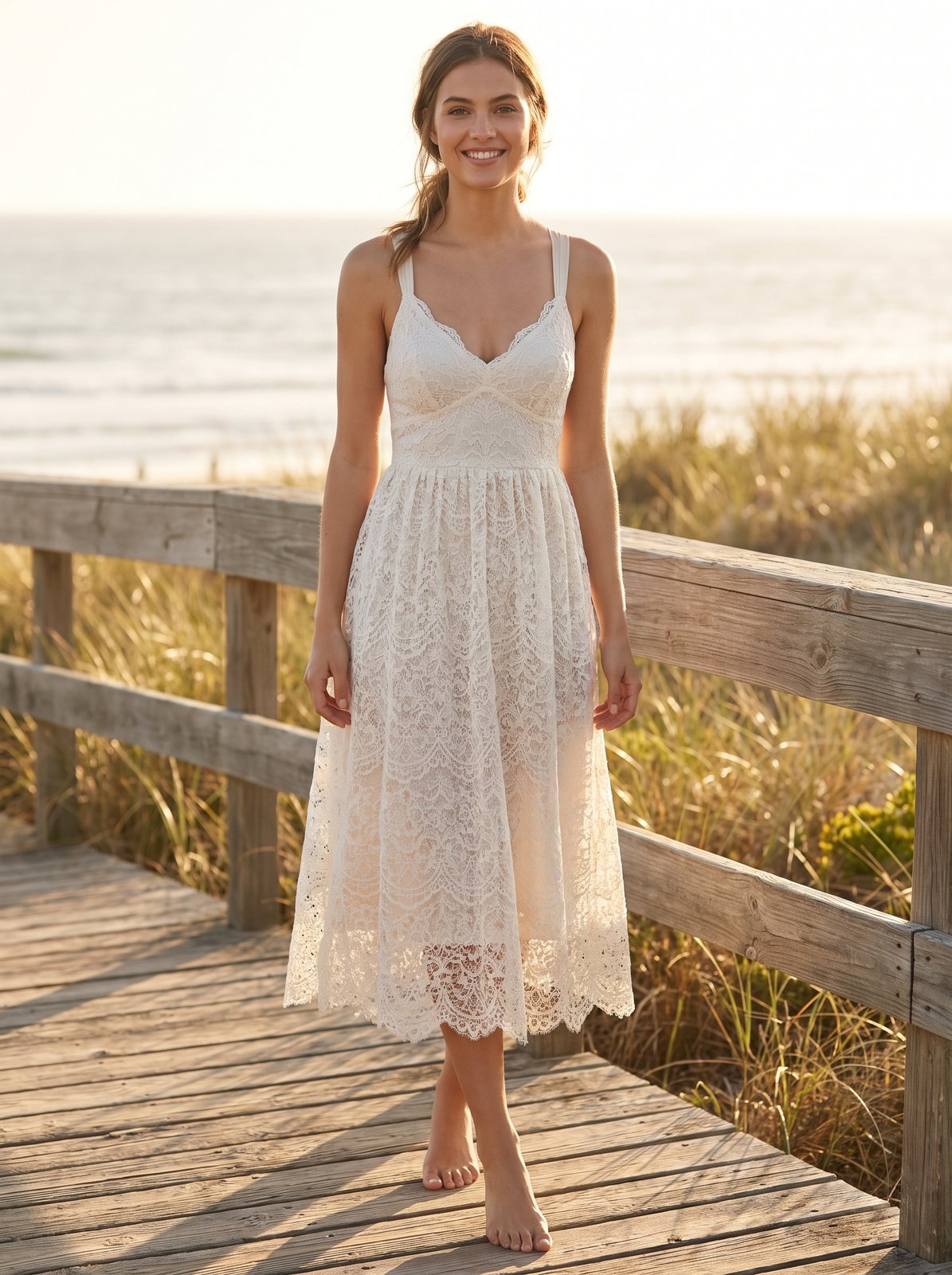Ivory lace wedding guest midi dress by Riley Belle