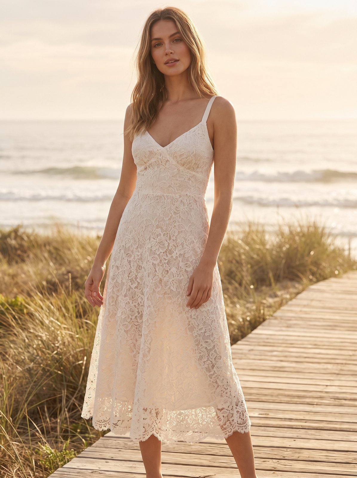 Ivory lace wedding guest midi dress by Riley Belle