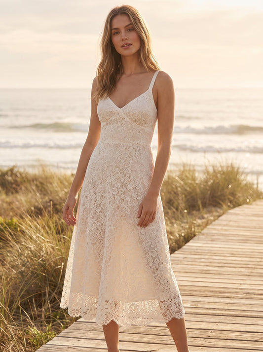 Ivory lace wedding guest midi dress by Riley Belle