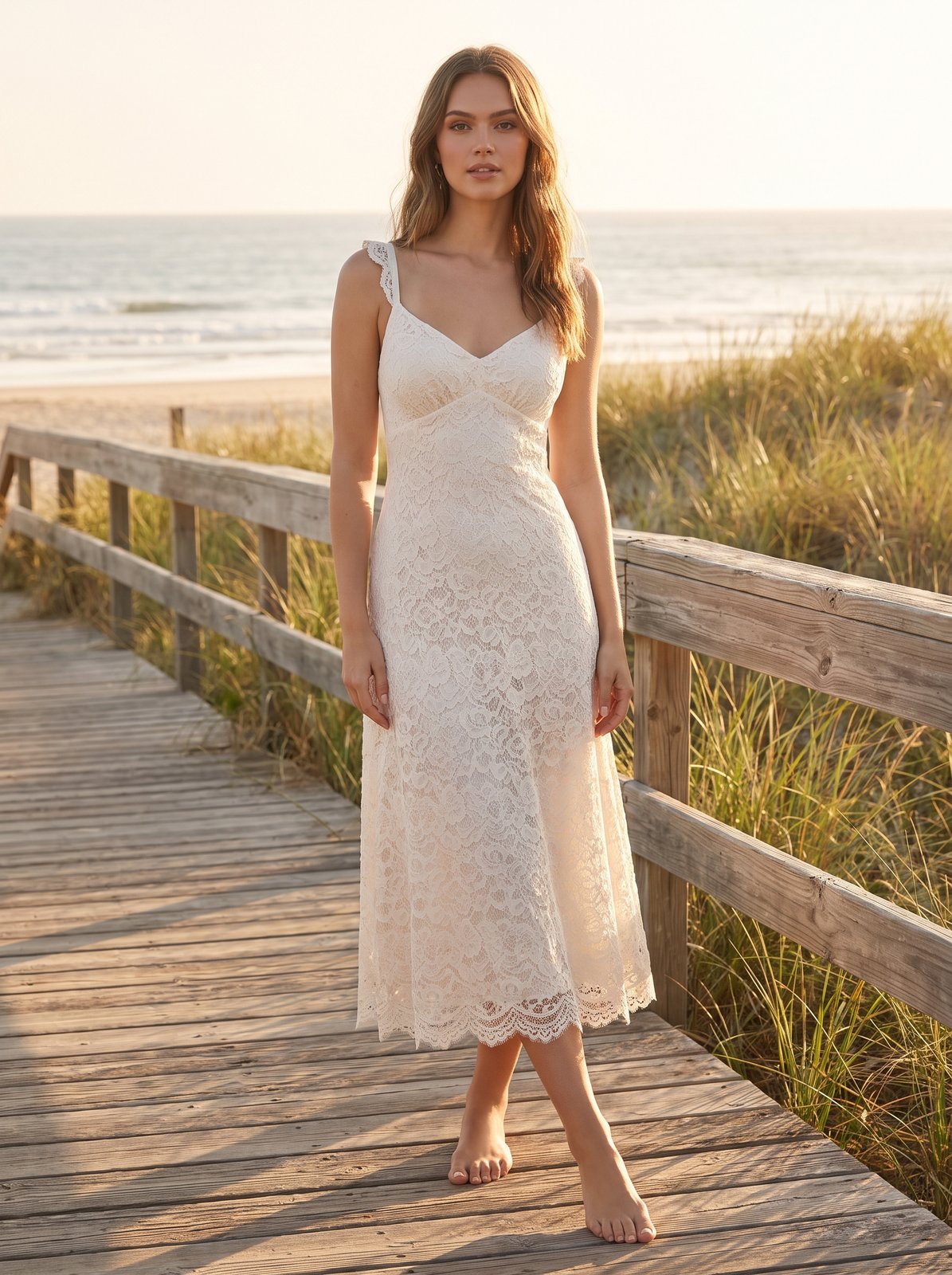 Ivory lace wedding guest midi dress by Riley Belle