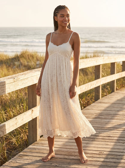 Ivory lace wedding guest midi dress by Riley Belle
