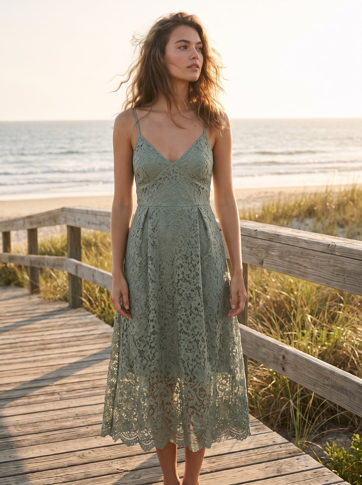 Sage green lace wedding guest midi dress by Riley Belle