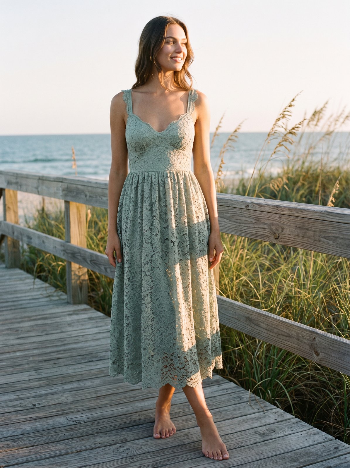 Sage green lace wedding guest midi dress by Riley Belle