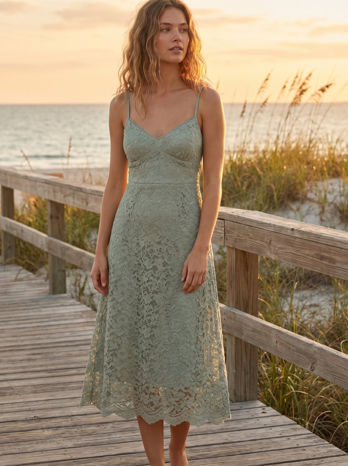 Sage green lace wedding guest midi dress by Riley Belle