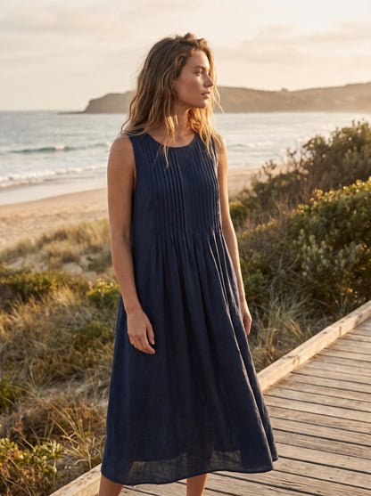 Odette Refined Navy Pleated Midi Dress by Riley Belle