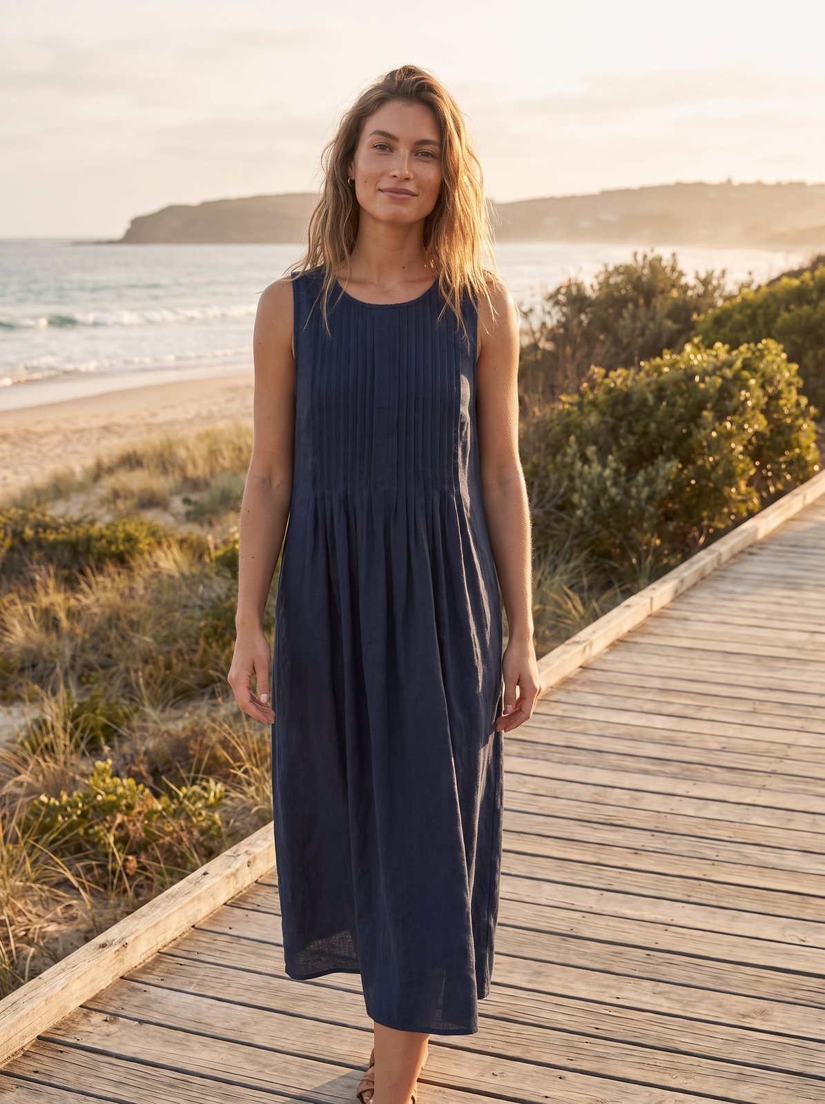 Odette Refined Navy Pleated Midi Dress by Riley Belle