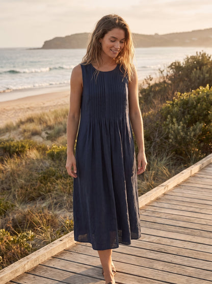 Odette Refined Navy Pleated Midi Dress by Riley Belle