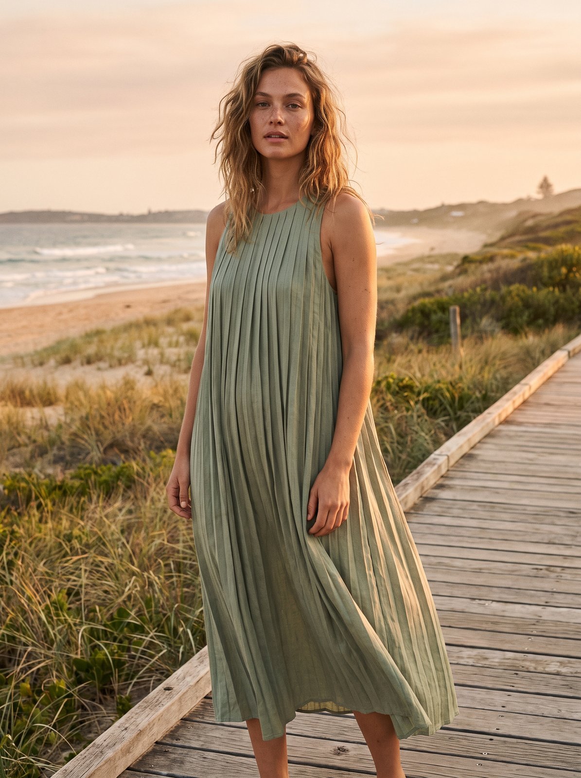 Odette Refined Sage Green Pleated Midi Dress by Riley Belle