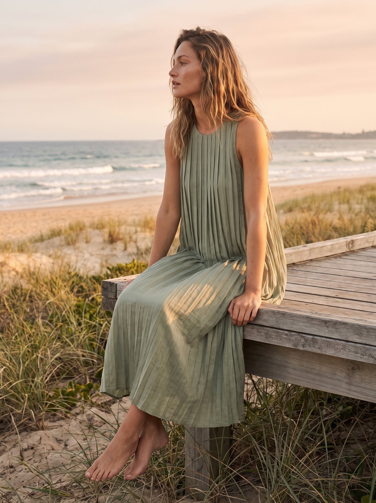 Odette Refined Sage Green Pleated Midi Dress by Riley Belle