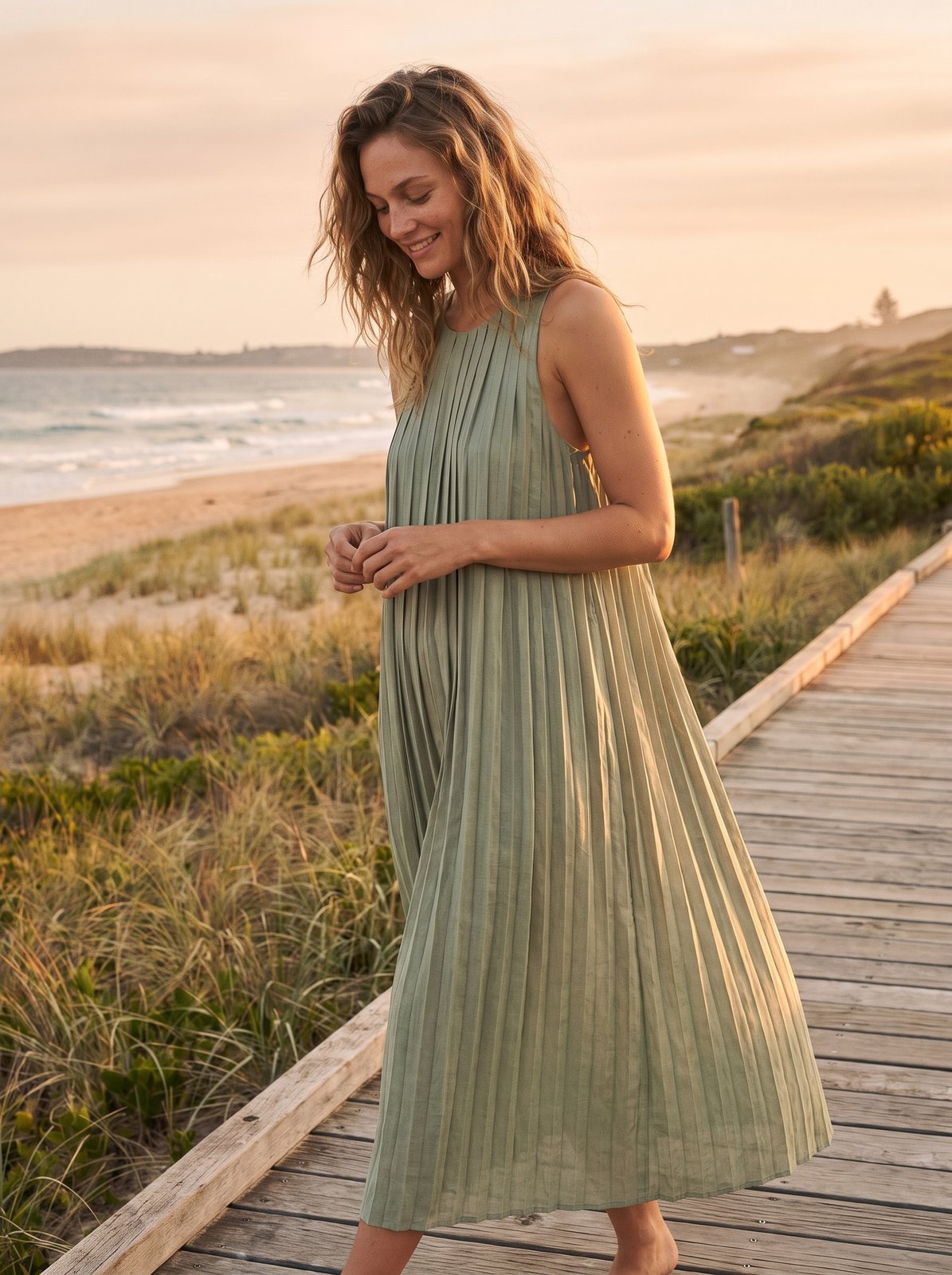 Odette Refined Sage Green Pleated Midi Dress by Riley Belle