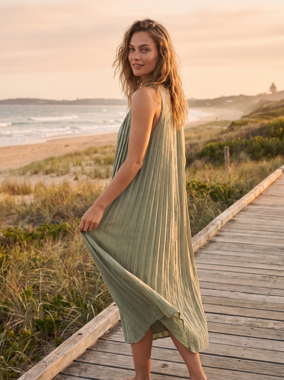 Odette Refined Sage Green Pleated Midi Dress by Riley Belle