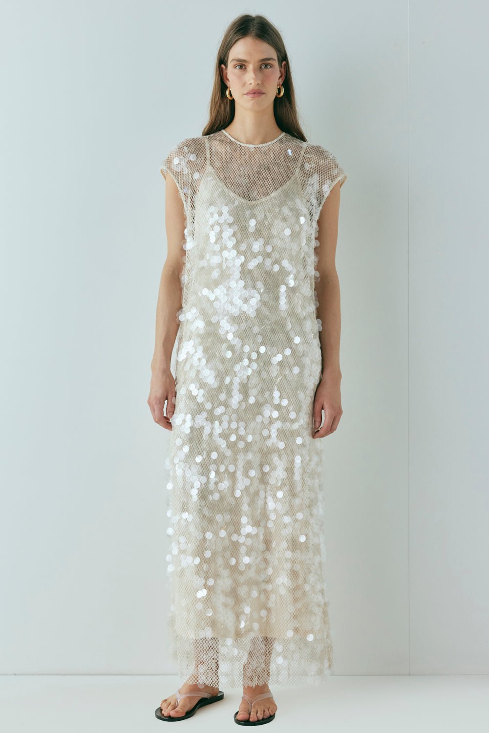 Zadie Shimmering Cream Sequin Occasion Maxi Dress side view by Riley Belle