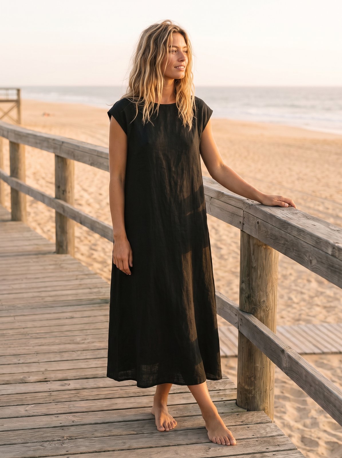 Paloma Effortless Black Cap Sleeve Midi Dress by Riley Belle