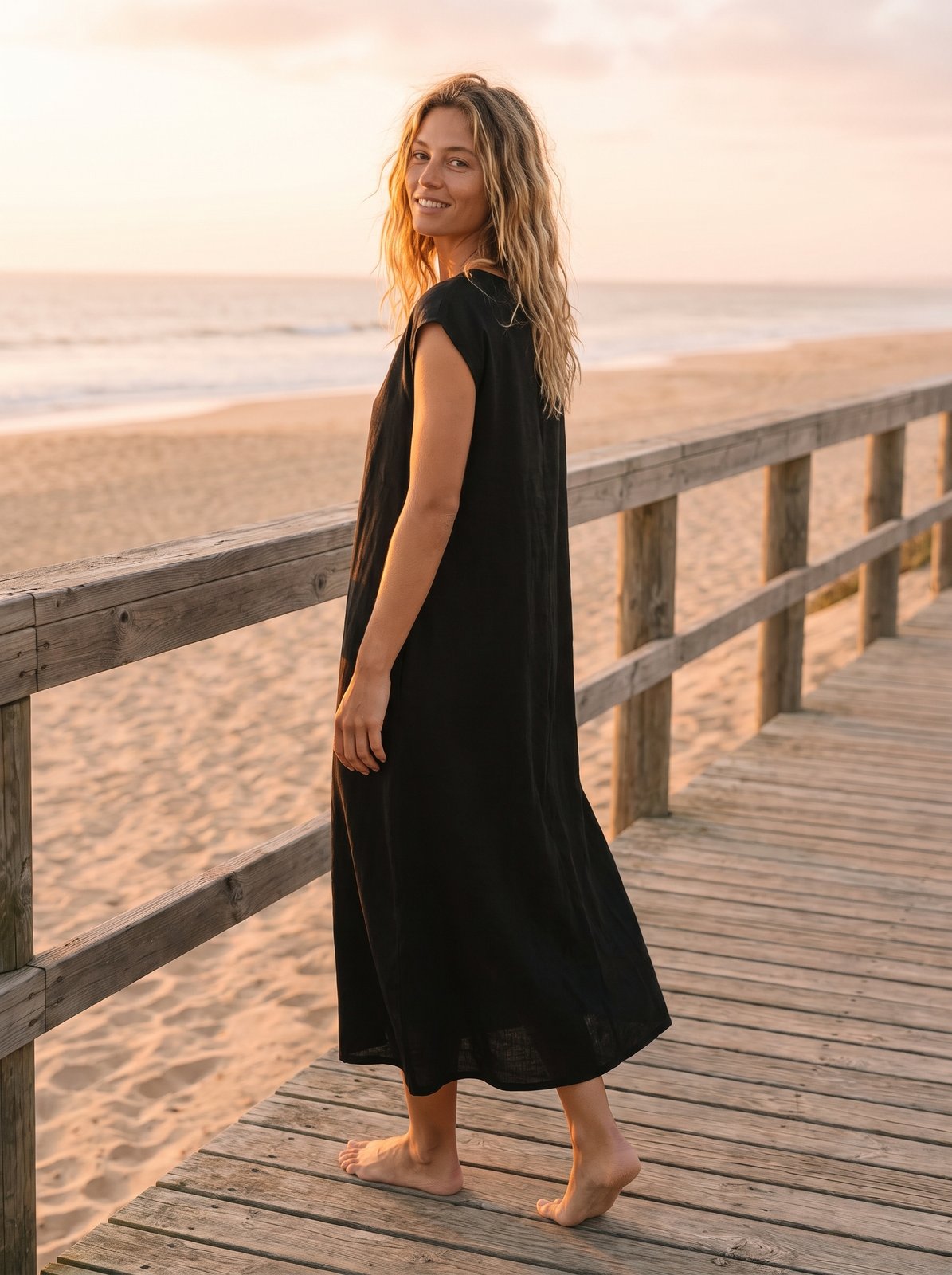 Paloma Effortless Black Cap Sleeve Midi Dress by Riley Belle