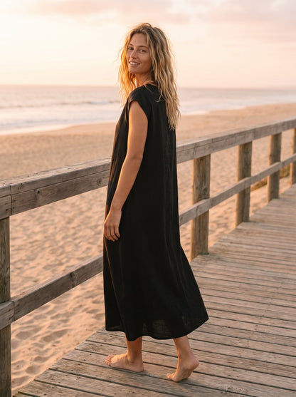 Paloma Effortless Black Cap Sleeve Midi Dress by Riley Belle