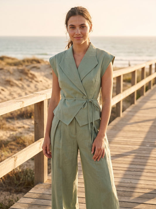 Peach Breezy Sage Green Linen Wide Leg Pants by Riley Belle