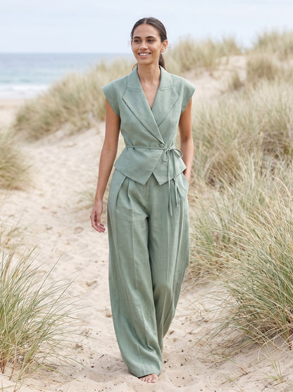 Peach Breezy Sage Green Linen Wide Leg Pants by Riley Belle