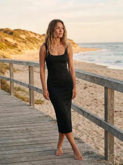 Quinn Sculpted Black Bodycon Midi Dress by Riley Belle