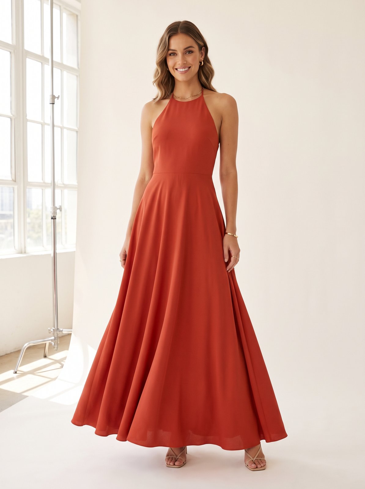 Red halter Christmas party maxi dress by Riley Belle