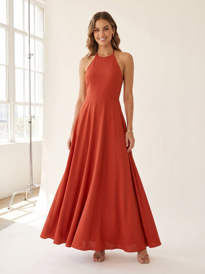 Red halter Christmas party maxi dress by Riley Belle