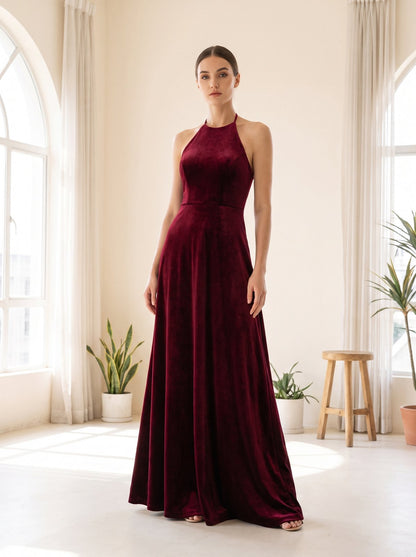 Wine halter Christmas party maxi dress by Riley Belle