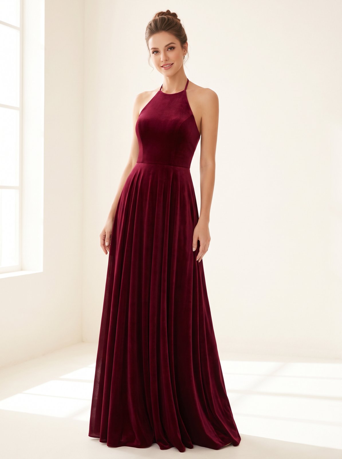 Wine halter Christmas party maxi dress by Riley Belle