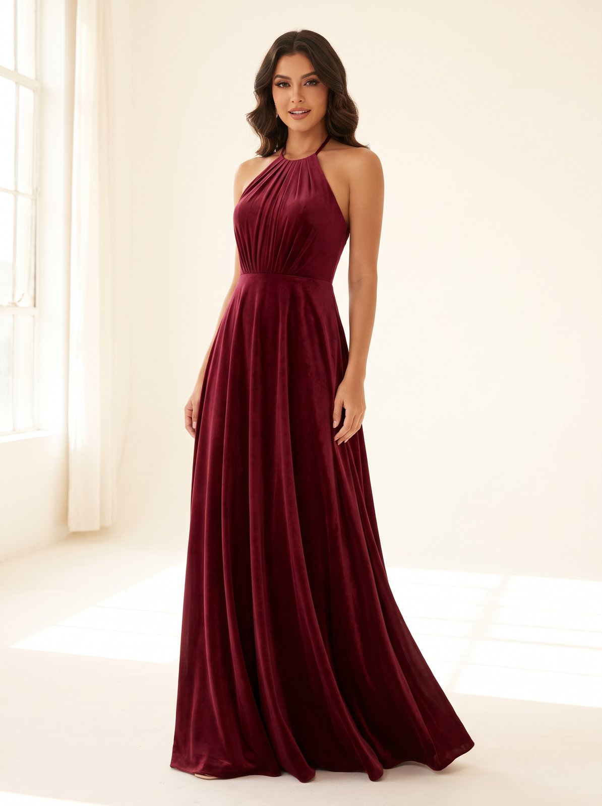 Wine halter Christmas party maxi dress by Riley Belle