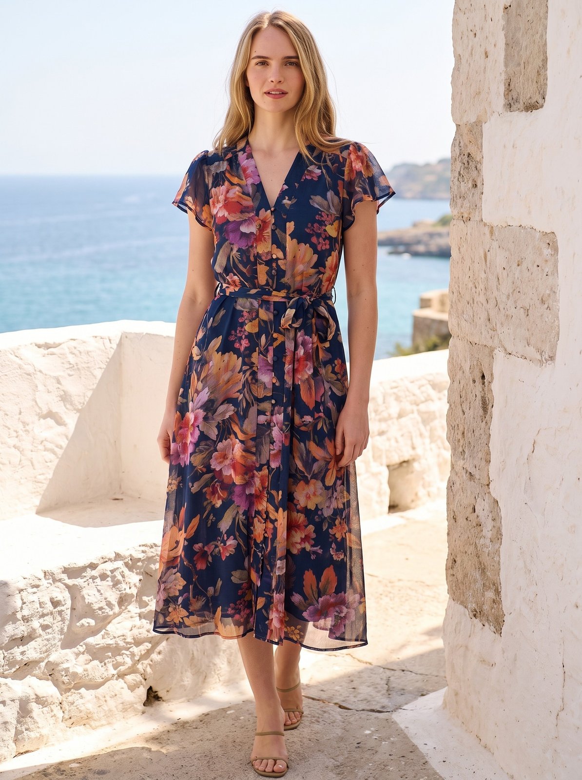 Romy Gentle Navy Floral Tie Waist Midi Dress by Riley Belle