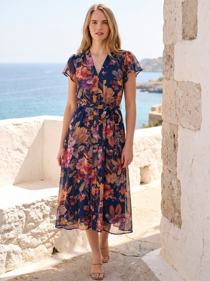Romy Gentle Navy Floral Tie Waist Midi Dress by Riley Belle
